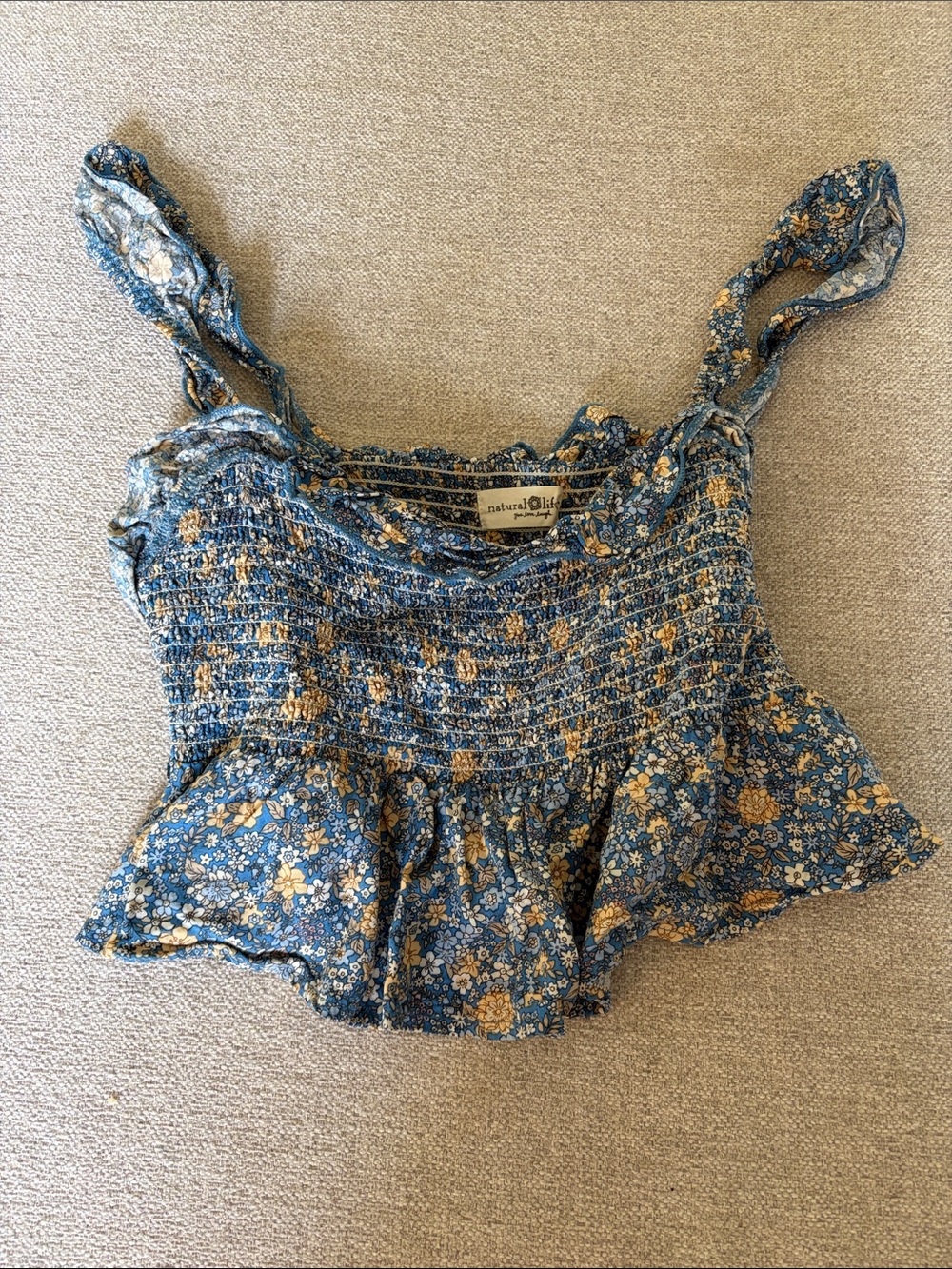 NATURAL LIFE Blue Floral Smocked Ruffle Crop Top